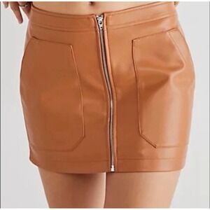 Free People Maya Faux‎ Leather Mini Skirt Tan Camel Front Zip Pockets Size 4